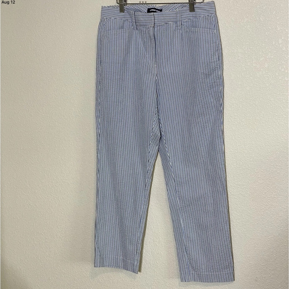 Lands End White, Black & Blue Stripe Seersucker Slim Leg Pant Size 12 Tall